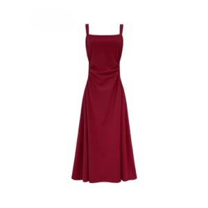 Elegant Plain Sleeveless Plicated Dress - Red